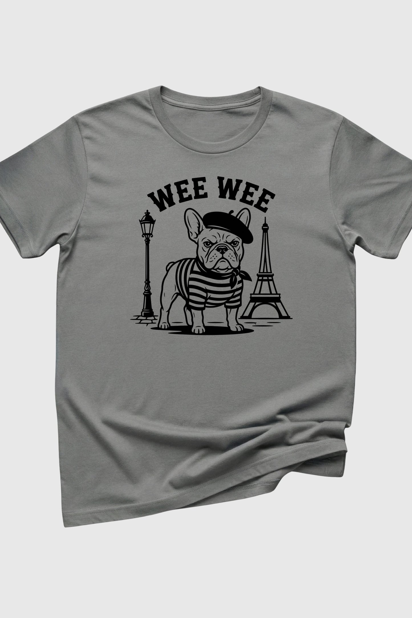 Heather gray t-shirt with Wee Wee Parisian french bulldog print, unisex crew neck