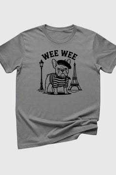 Heather gray t-shirt with Wee Wee Parisian french bulldog print, unisex crew neck