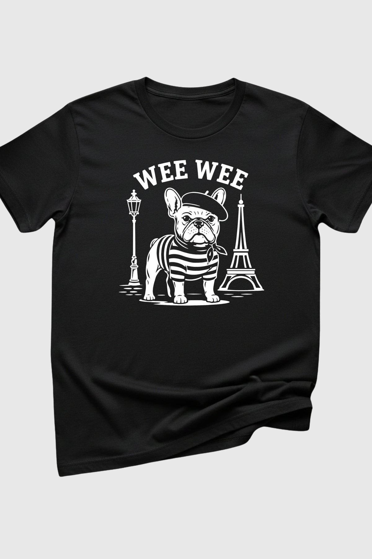 Black t-shirt with Wee Wee Parisian french bulldog print, unisex crew neck