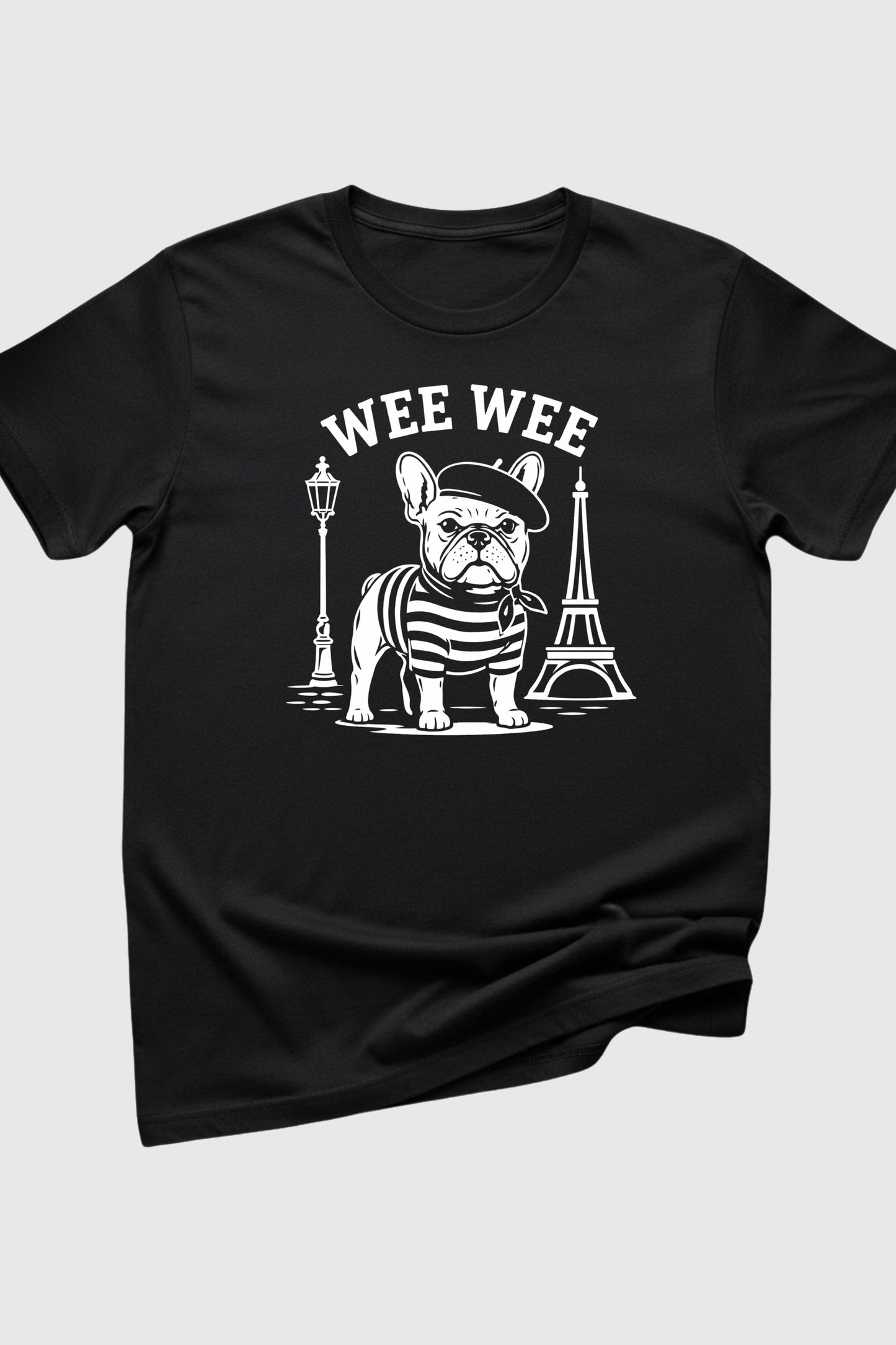 Black t-shirt with Wee Wee Parisian french bulldog print, unisex crew neck