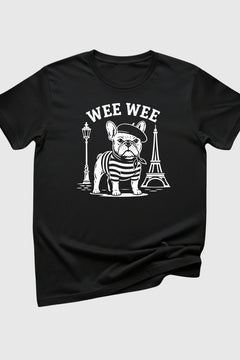 Black t-shirt with Wee Wee Parisian french bulldog print, unisex crew neck