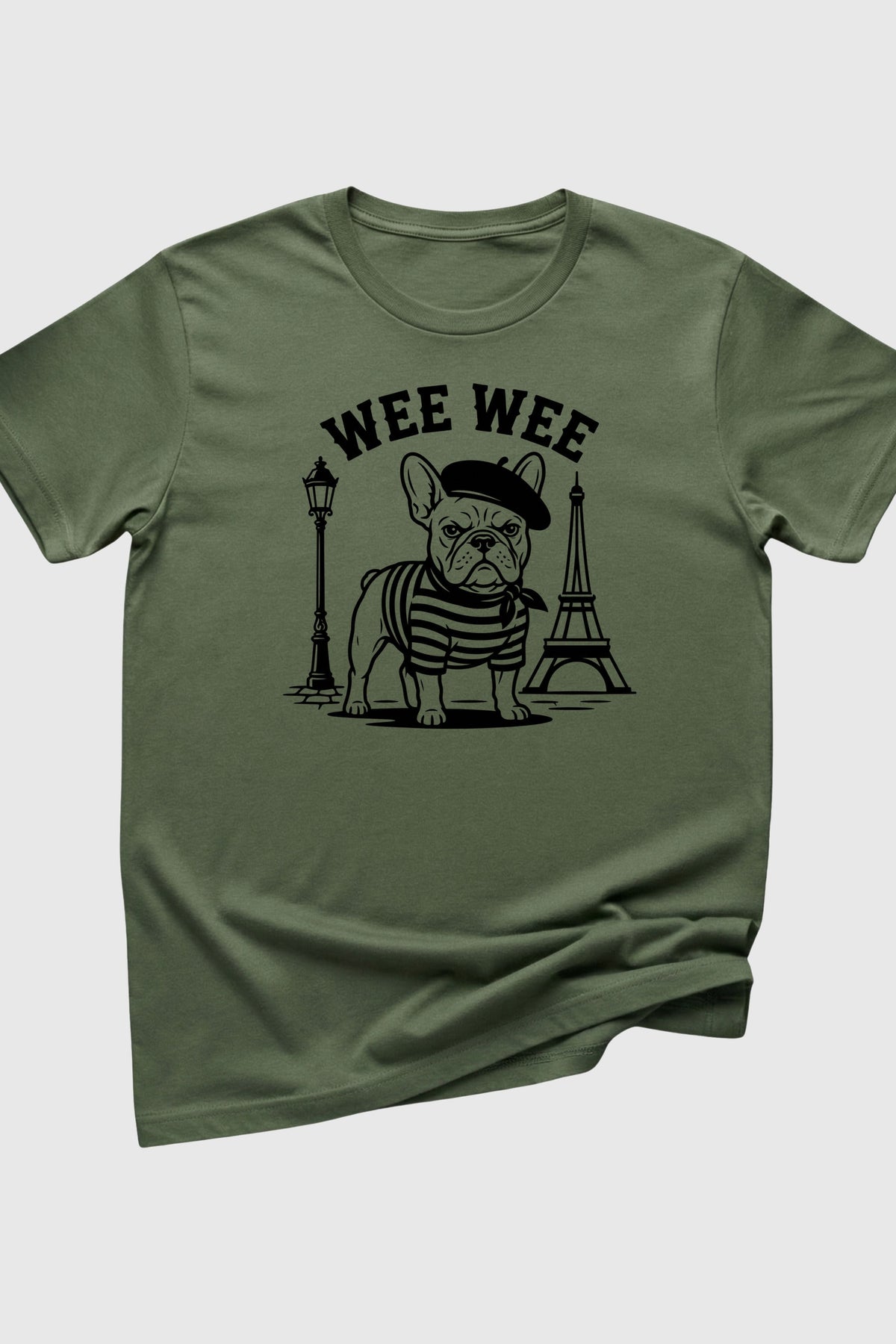 Woman wearing black Wee Wee Parisian french bulldog t-shirt