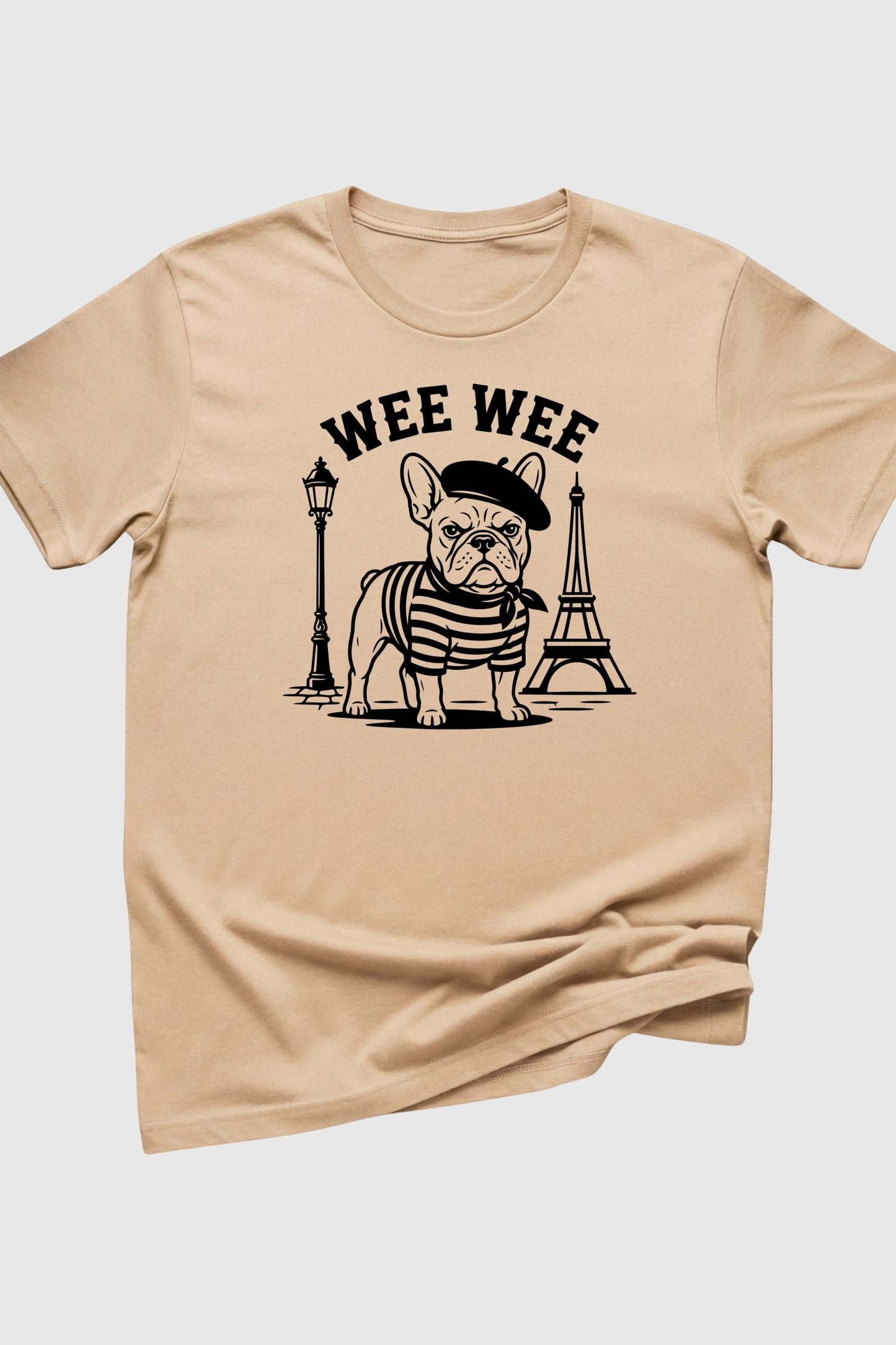 Man wearing black t-shirt with Wee Wee Parisian print