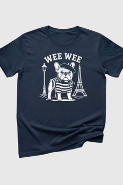Wee Wee Parisian print close-up on black t-shirt