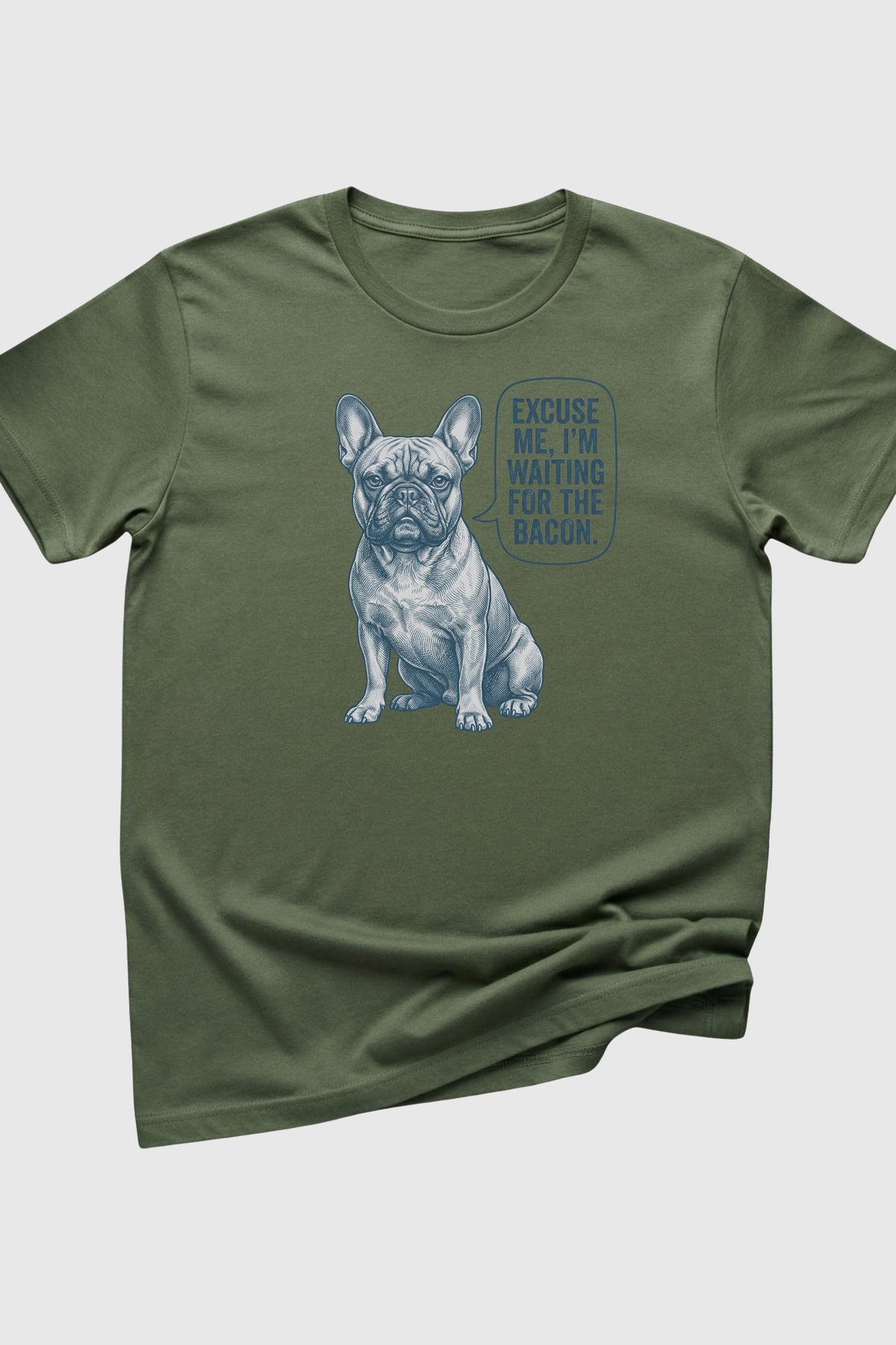 Woman wearing black I'm Waiting for the Bacon french bulldog t-shirt