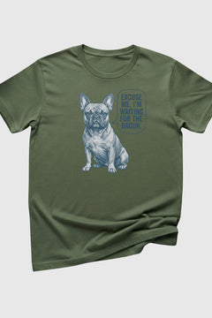 Woman wearing black I'm Waiting for the Bacon french bulldog t-shirt
