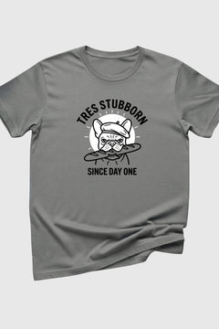 Heather gray t-shirt with Tres Stubborn Since Day One french bulldog print, unisex crew neck