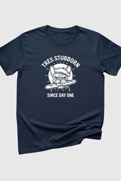 Tres Stubborn print close-up on black t-shirt