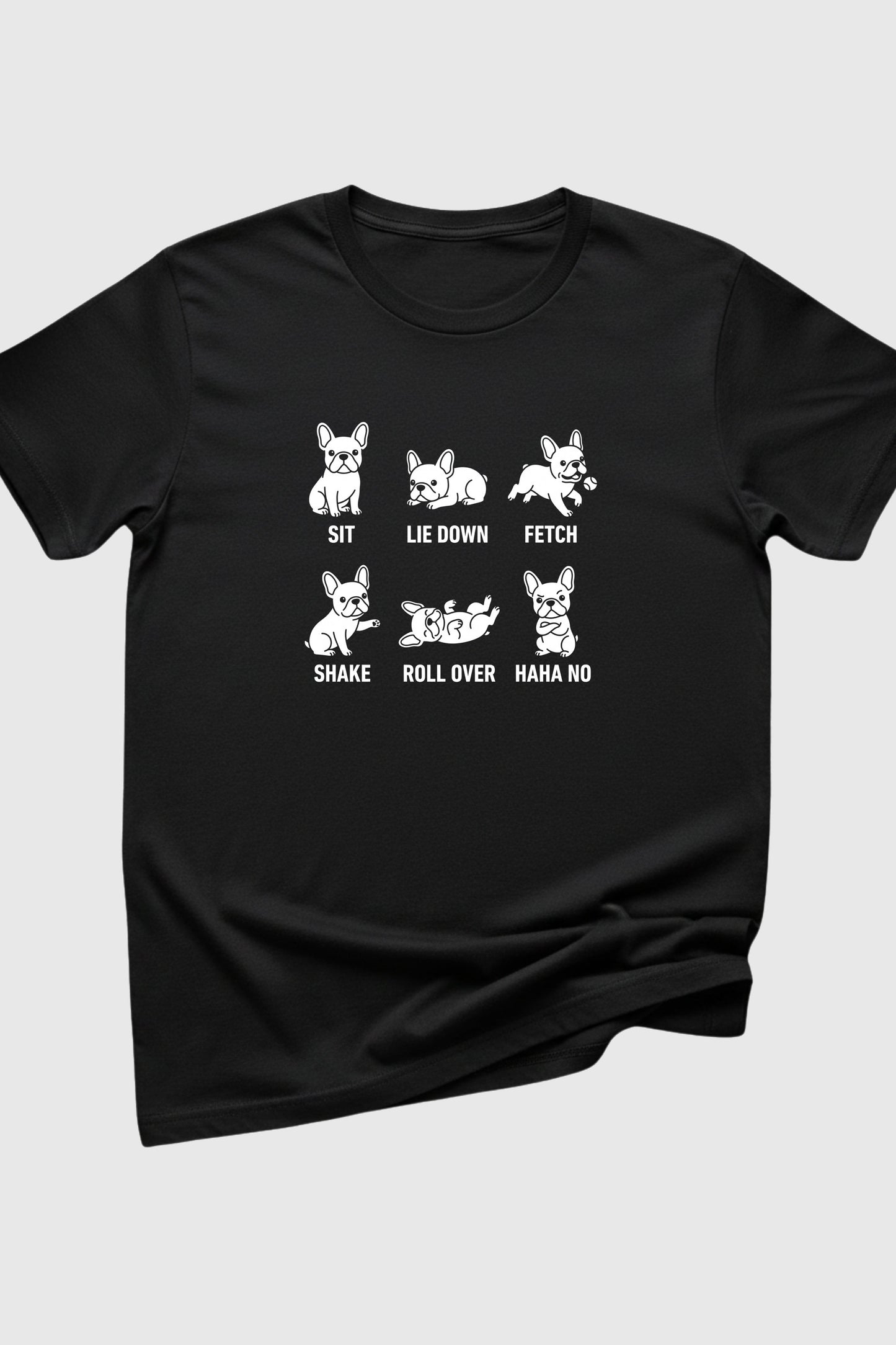 Sit Lie Down Fetch dog training print close-up on white t-shirt