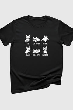 Sit Lie Down Fetch dog training print close-up on white t-shirt