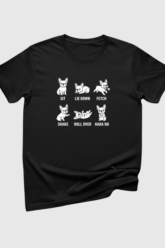 Sit Lie Down Fetch dog training print close-up on white t-shirt