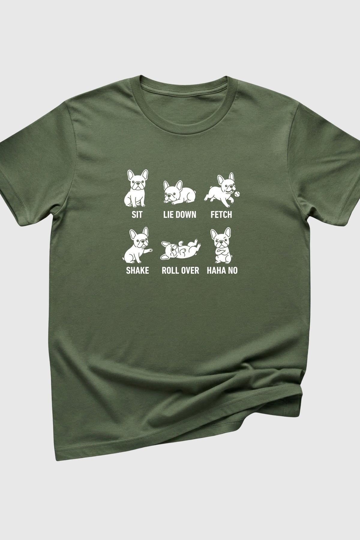 Black t-shirt with Sit Lie Down Fetch dog training print, unisex crew neck