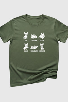 Black t-shirt with Sit Lie Down Fetch dog training print, unisex crew neck