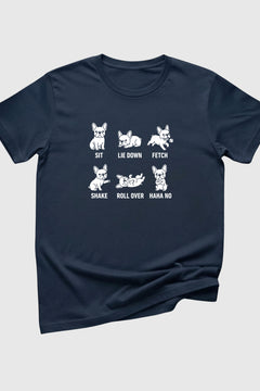 Woman wearing black Sit Lie Down Fetch dog t-shirt