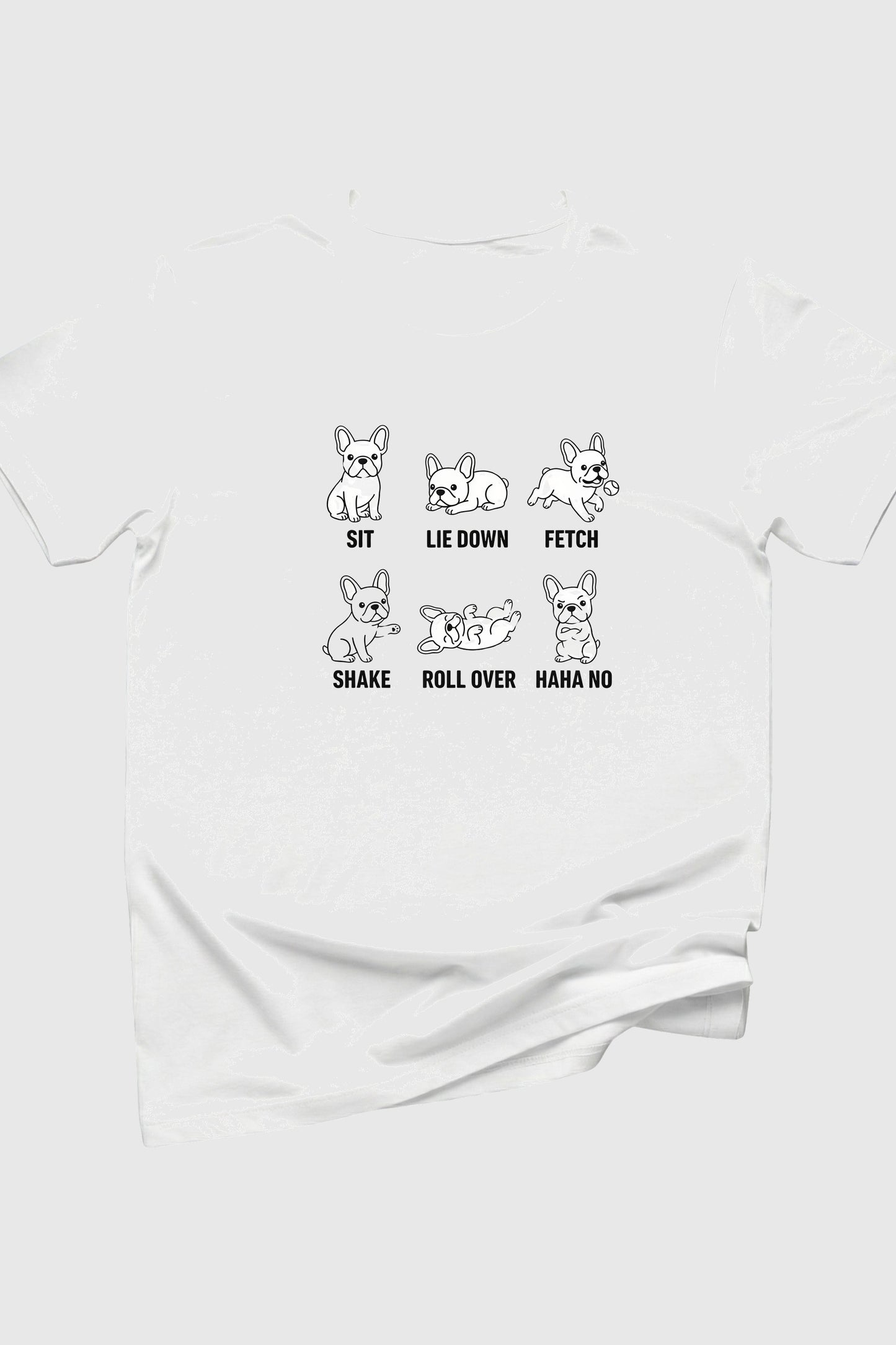 Man wearing black t-shirt with Sit Lie Down Fetch print
