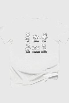 Man wearing black t-shirt with Sit Lie Down Fetch print