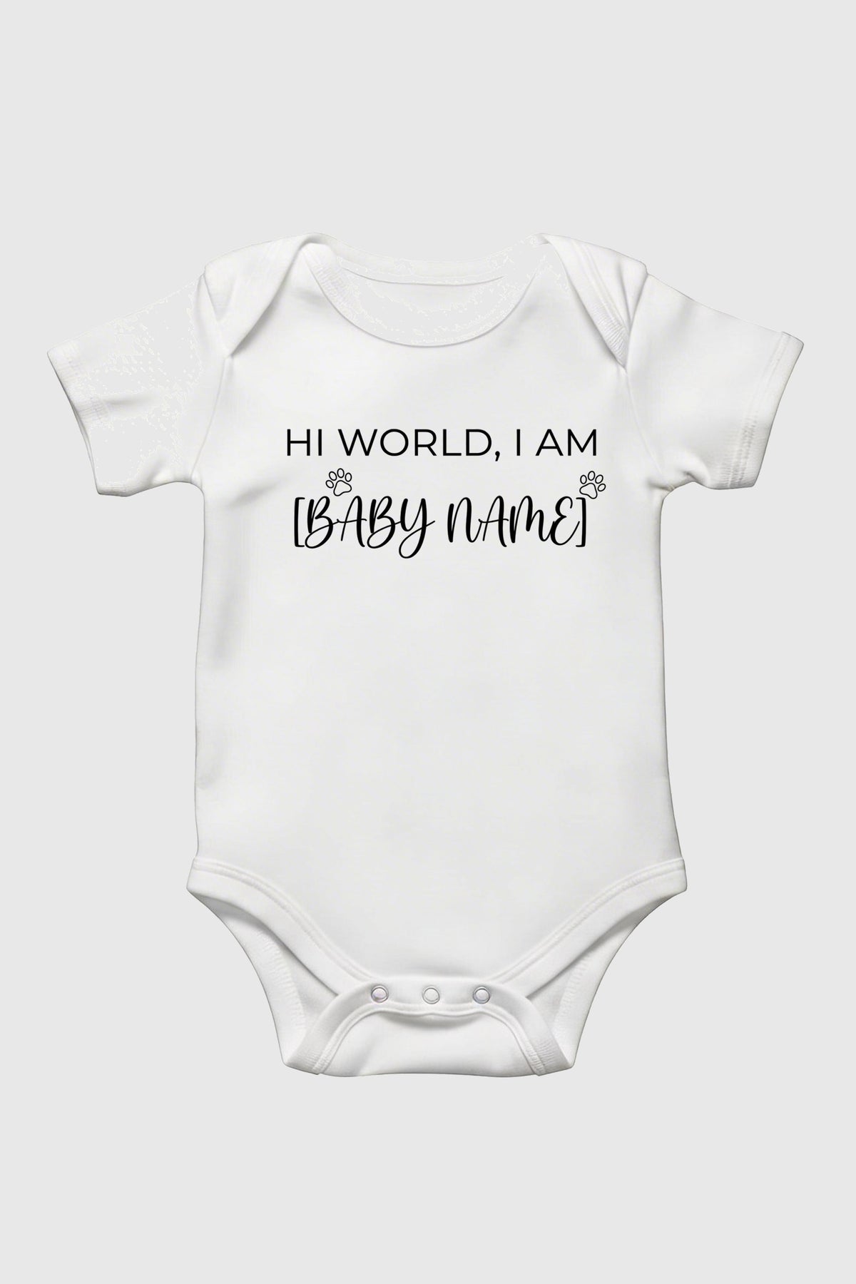 White personalized baby bodysuit with Hi World custom name, snap closure
