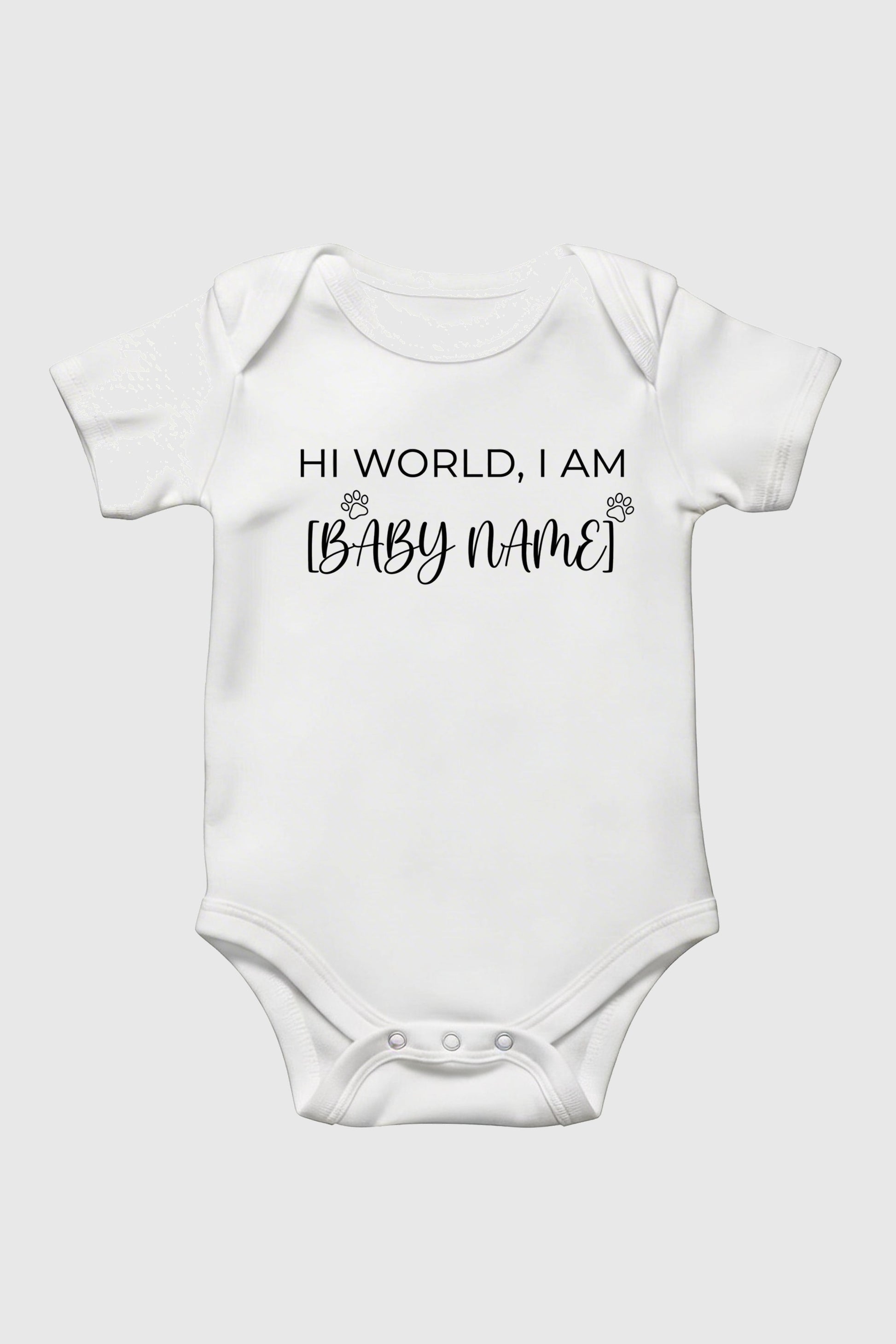 White personalized baby bodysuit with Hi World custom name, snap closure