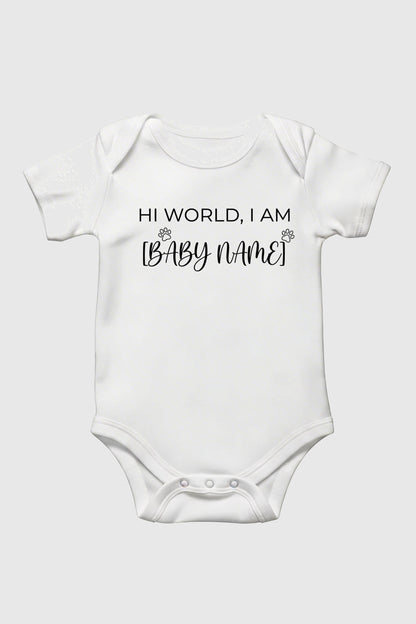White personalized baby bodysuit with Hi World custom name, snap closure