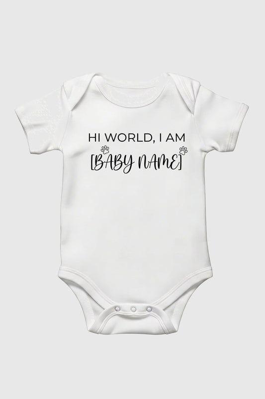 White personalized baby bodysuit with Hi World custom name, snap closure