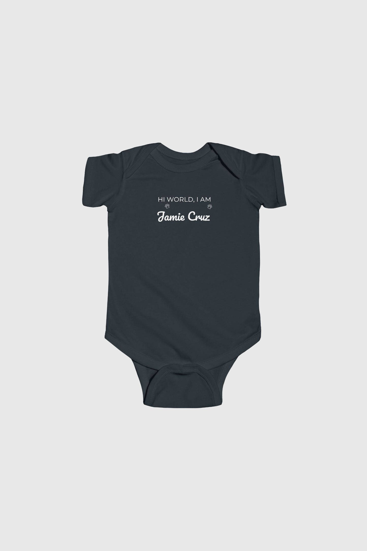 Pink personalized baby bodysuit with Hi World custom name, snap closure