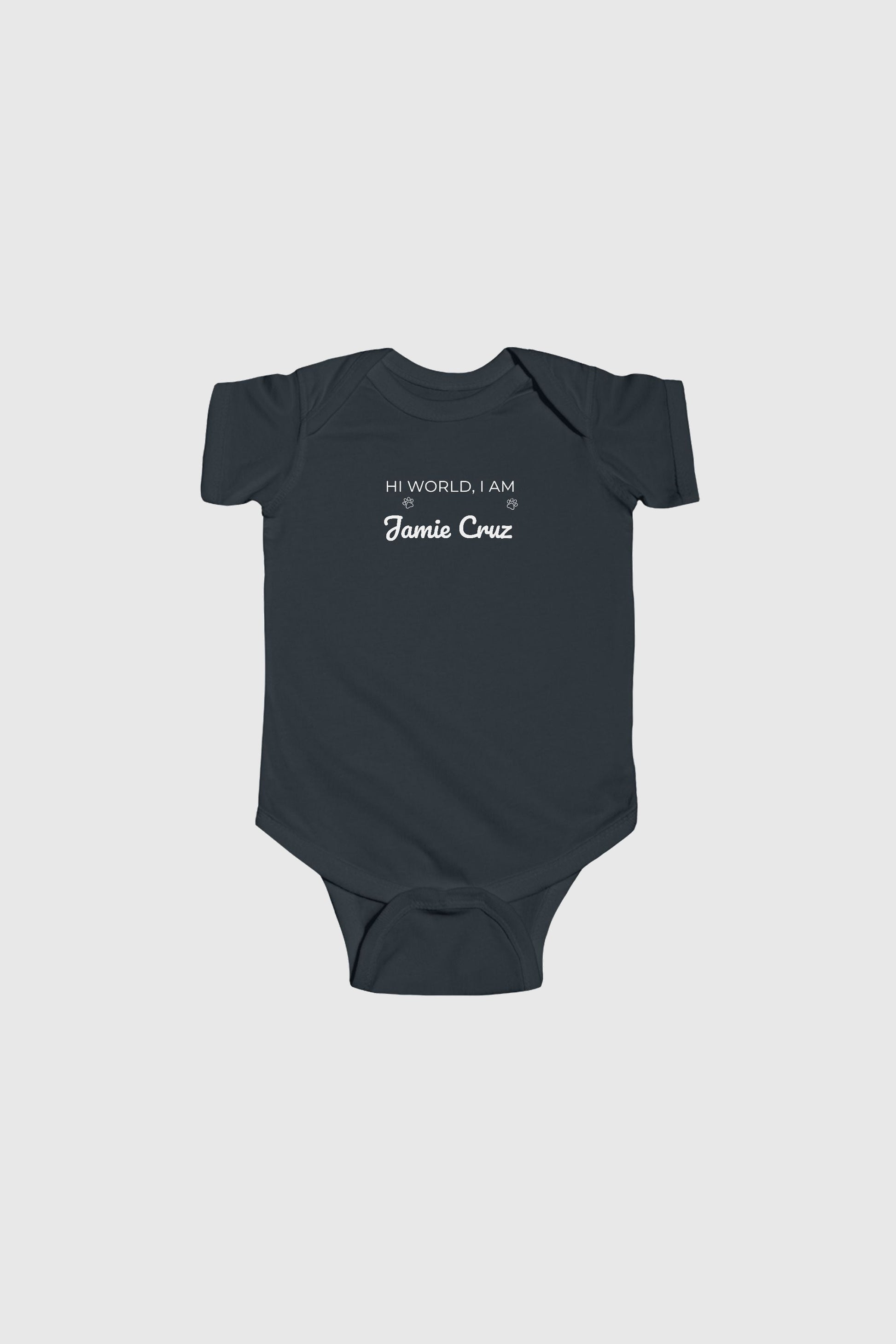Pink personalized baby bodysuit with Hi World custom name, snap closure