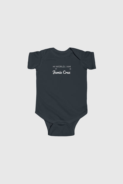 Pink personalized baby bodysuit with Hi World custom name, snap closure