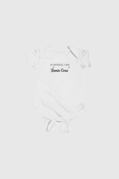 Baby wearing pink Hi World personalized bodysuit