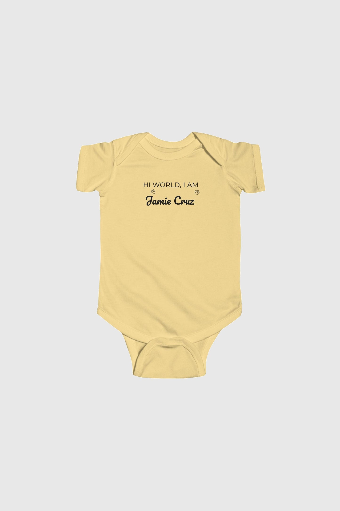 Yellow personalized baby bodysuit with Hi World custom name, snap closure