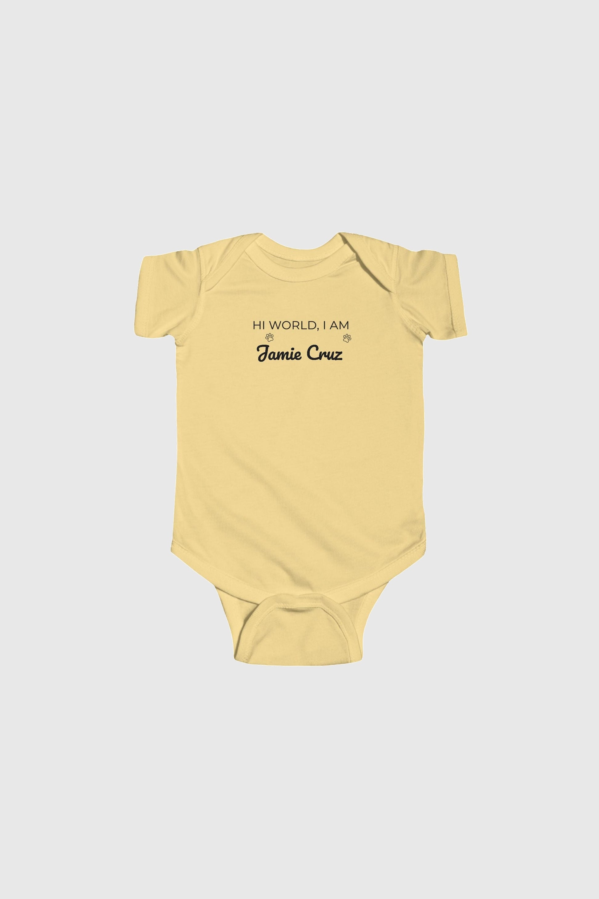Yellow personalized baby bodysuit with Hi World custom name, snap closure