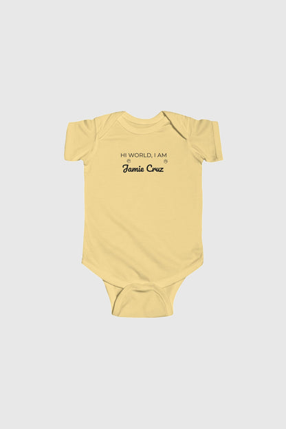 Yellow personalized baby bodysuit with Hi World custom name, snap closure