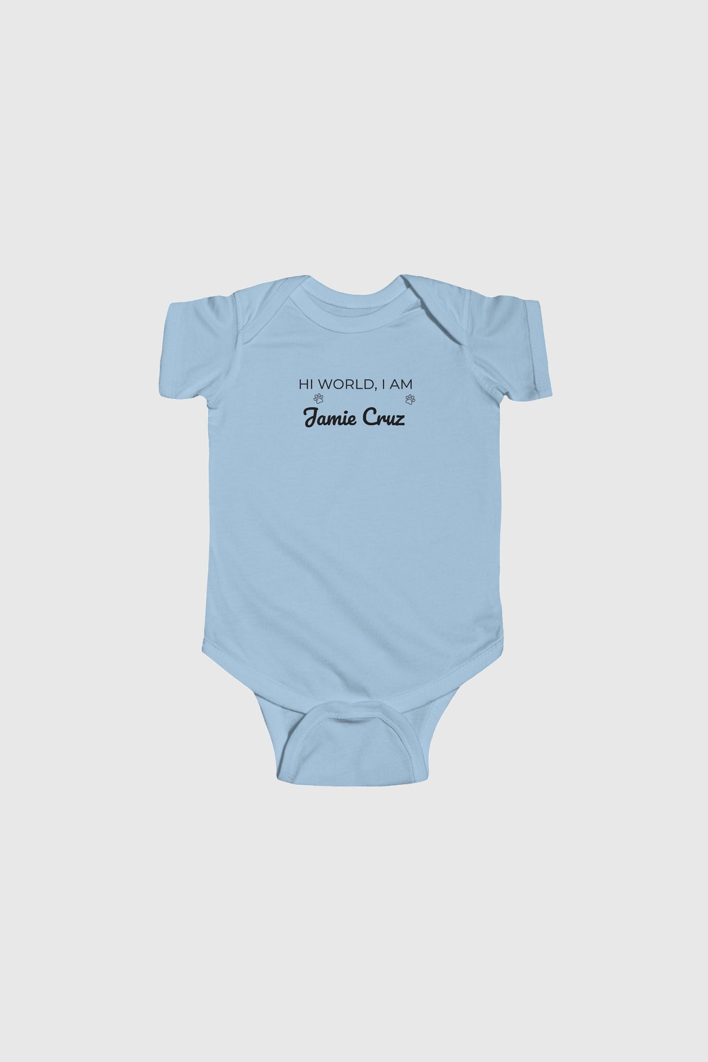 Baby wearing yellow Hi World personalized bodysuit