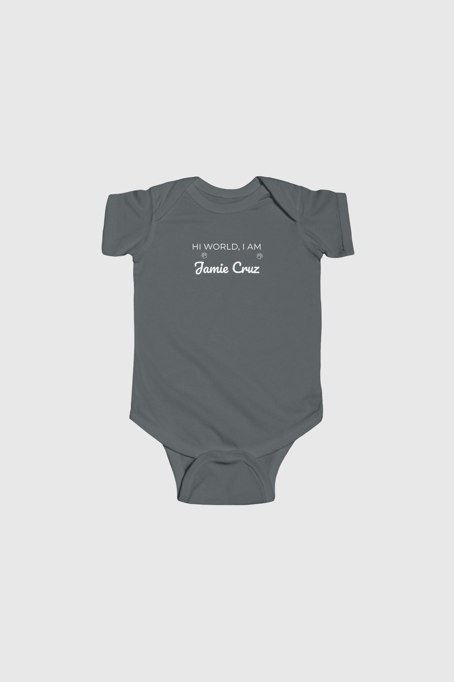 Light blue personalized baby bodysuit with Hi World custom name, snap closure