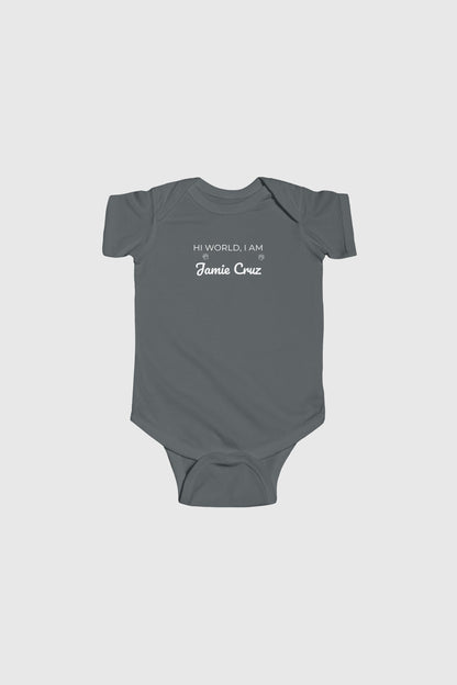 Light blue personalized baby bodysuit with Hi World custom name, snap closure