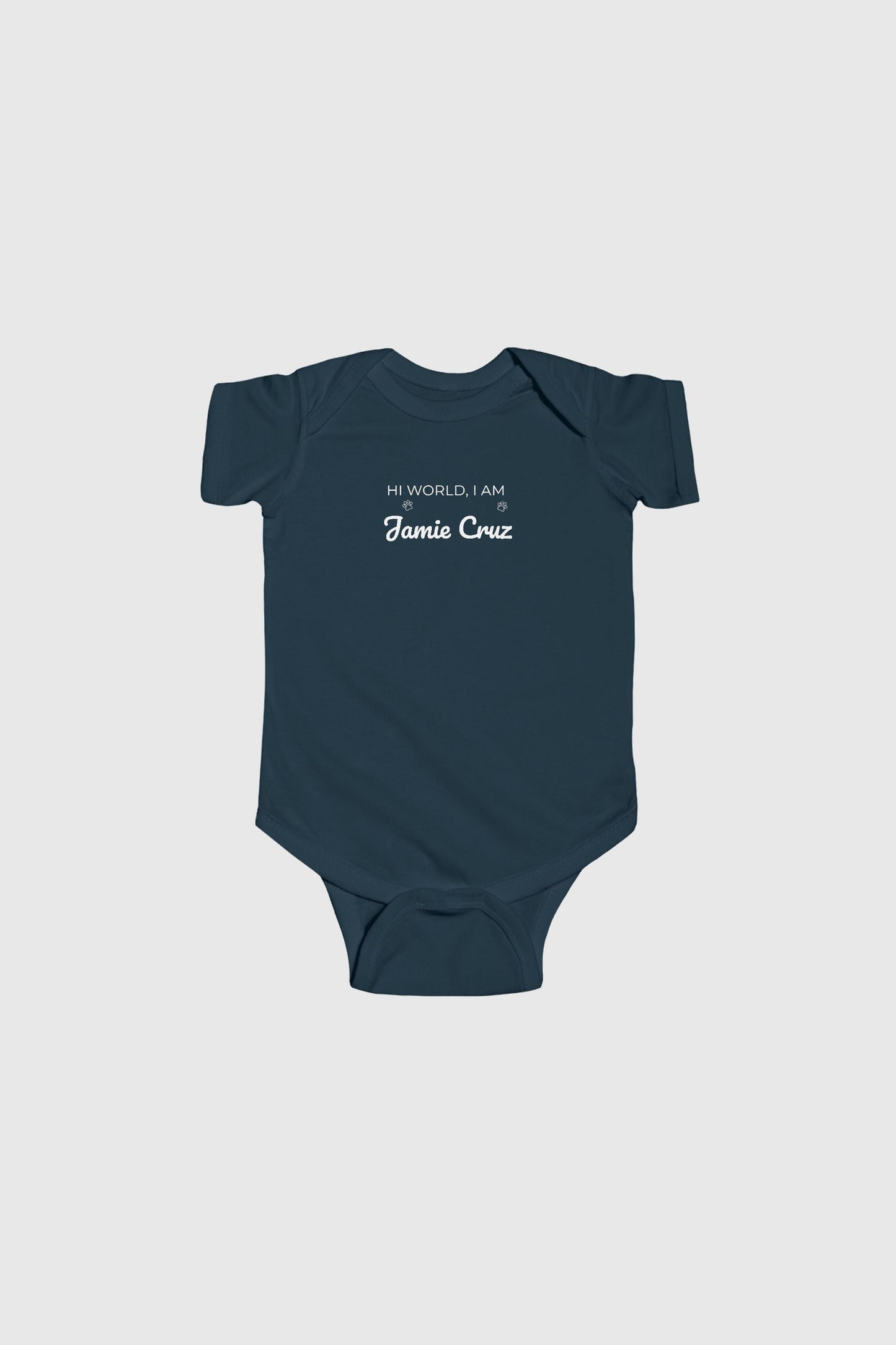 Baby wearing light blue Hi World personalized bodysuit