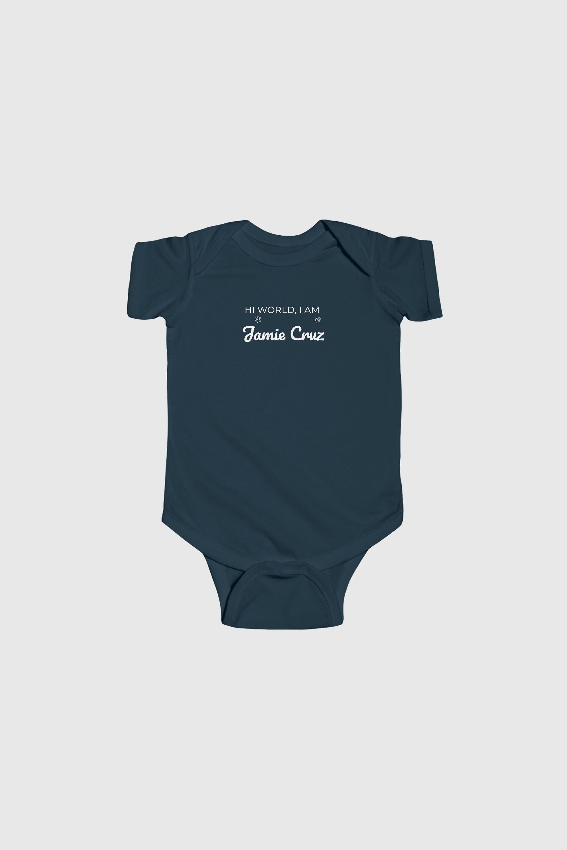 Baby wearing light blue Hi World personalized bodysuit