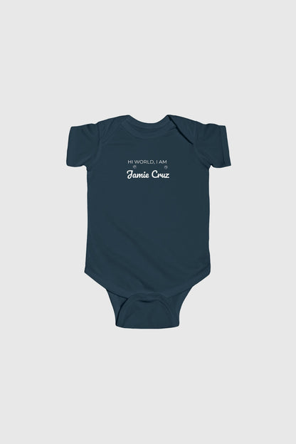 Baby wearing light blue Hi World personalized bodysuit