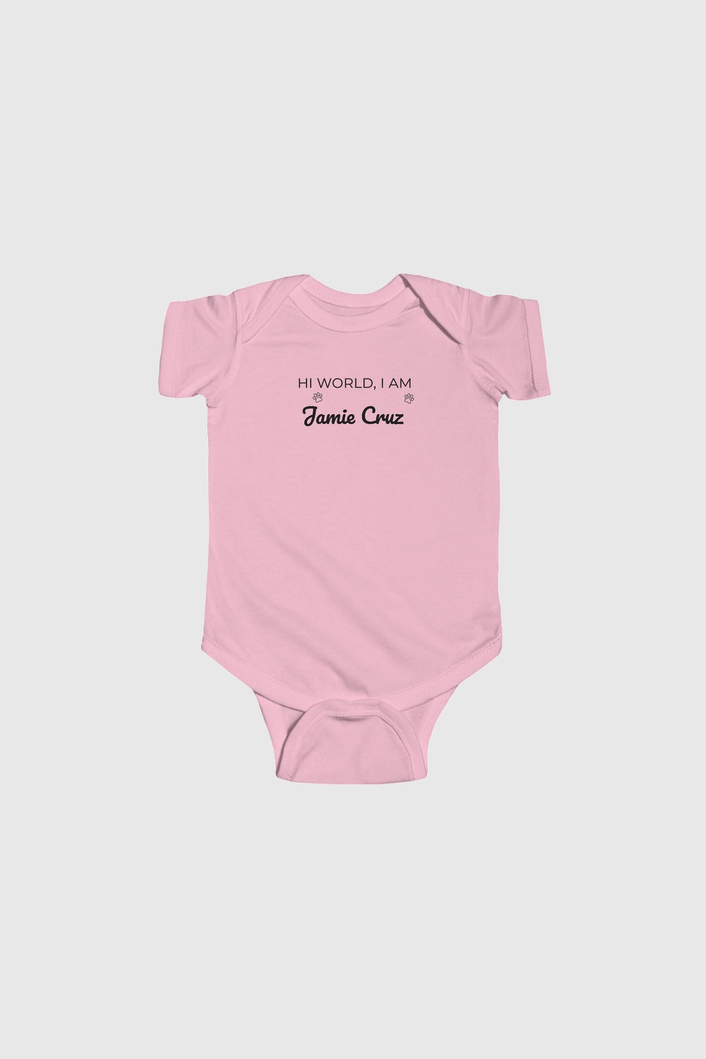Lavender personalized baby bodysuit with Hi World custom name, snap closure