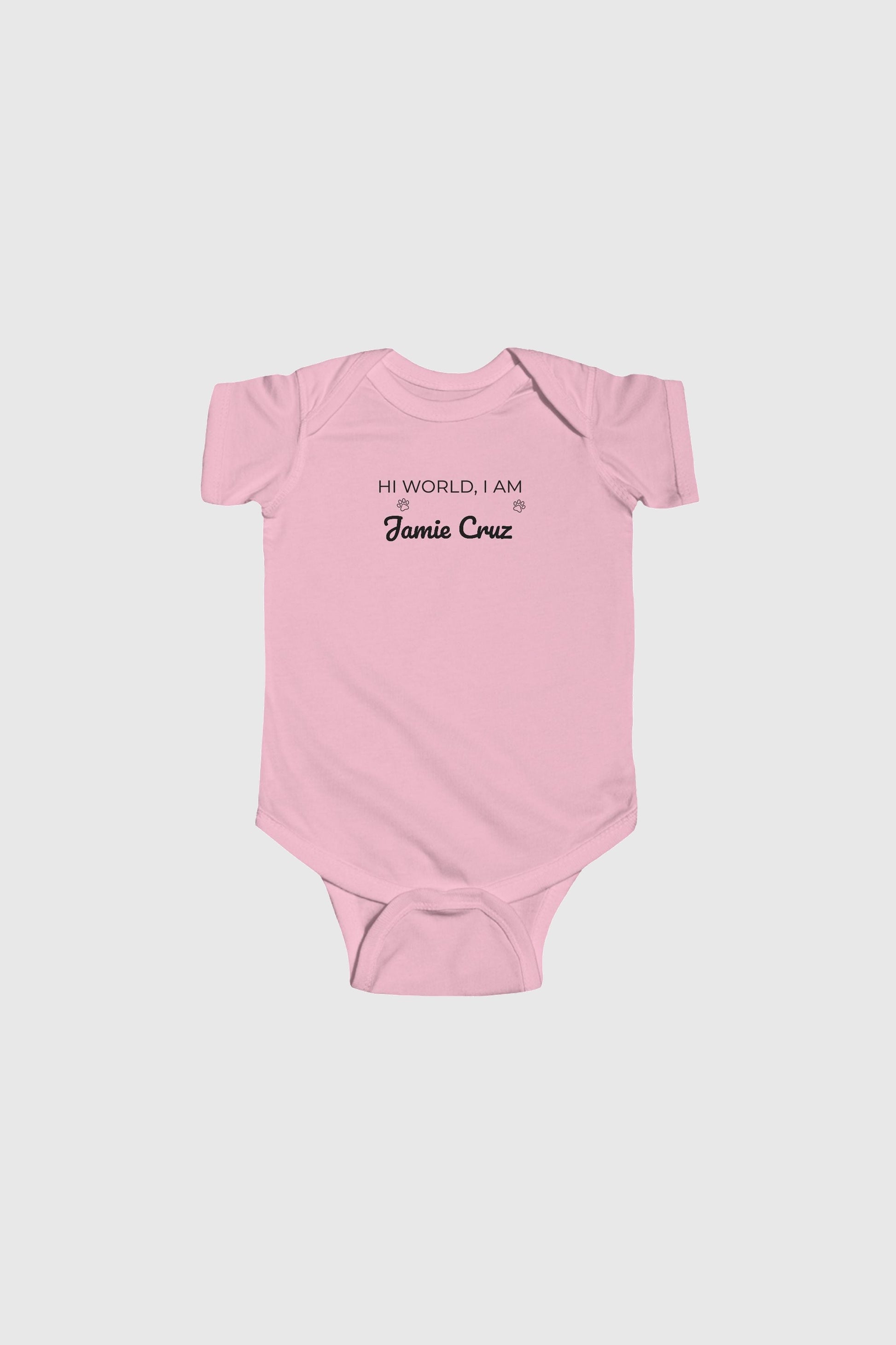 Lavender personalized baby bodysuit with Hi World custom name, snap closure