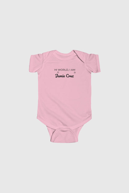 Lavender personalized baby bodysuit with Hi World custom name, snap closure