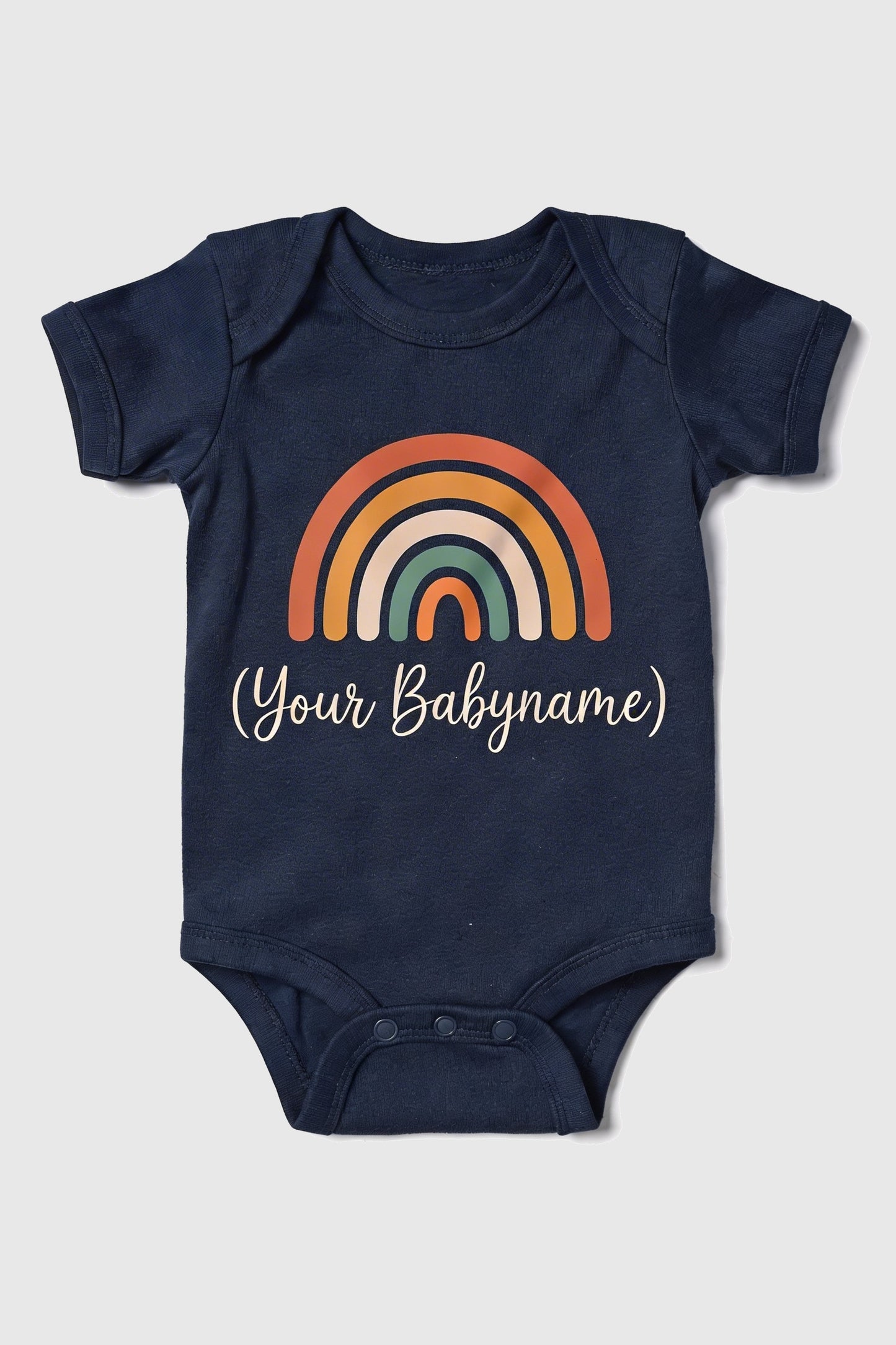White personalized rainbow baby bodysuit with custom name, snap closure