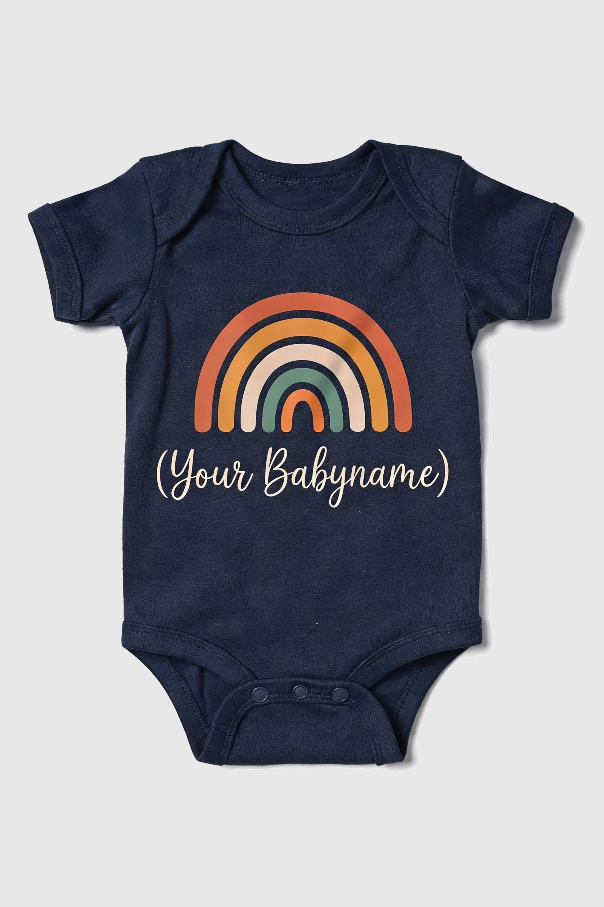 White personalized rainbow baby bodysuit with custom name, snap closure