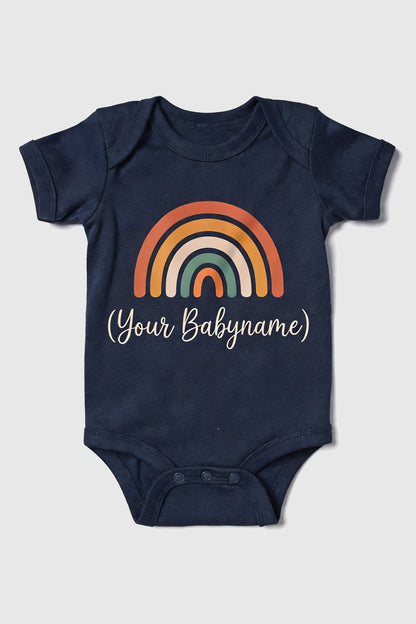 White personalized rainbow baby bodysuit with custom name, snap closure