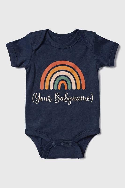 White personalized rainbow baby bodysuit with custom name, snap closure