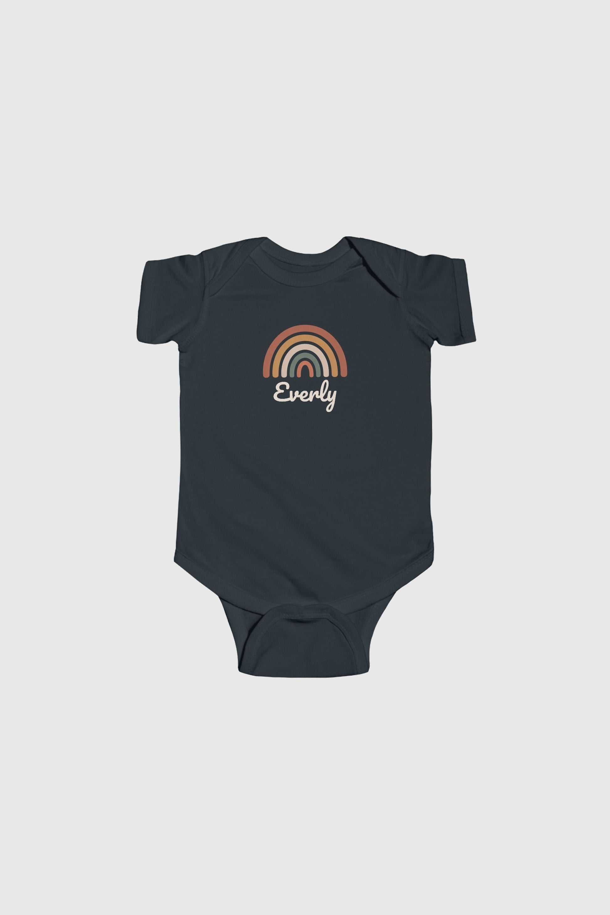 Baby wearing white personalized rainbow bodysuit, snap closure