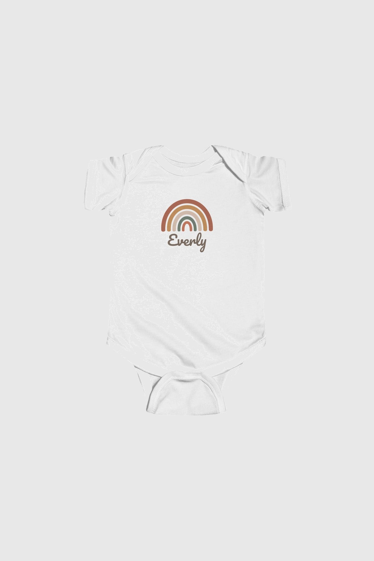 Pink personalized rainbow baby bodysuit with custom name, snap closure