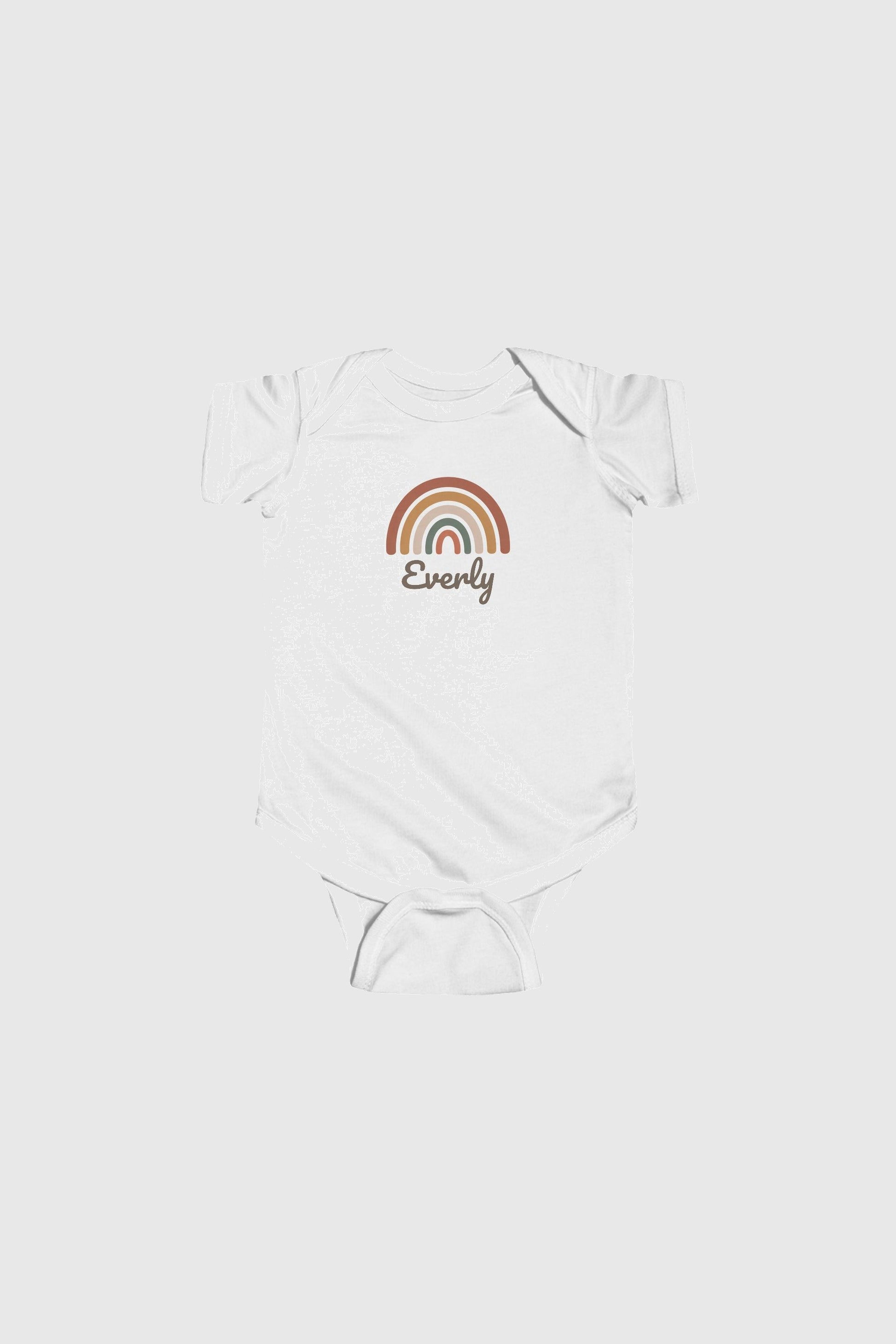 Pink personalized rainbow baby bodysuit with custom name, snap closure