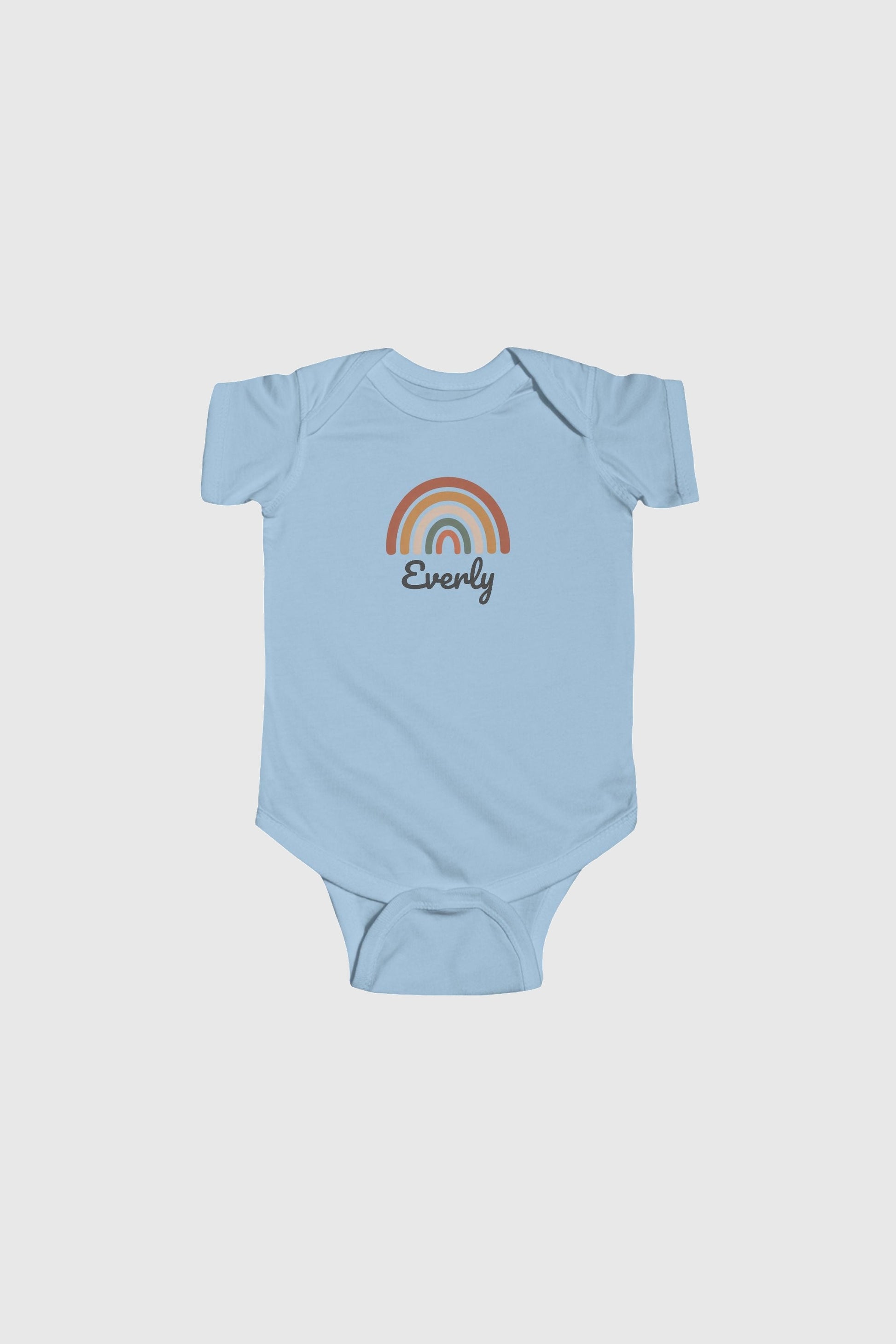 Yellow personalized rainbow baby bodysuit with custom name, snap closure