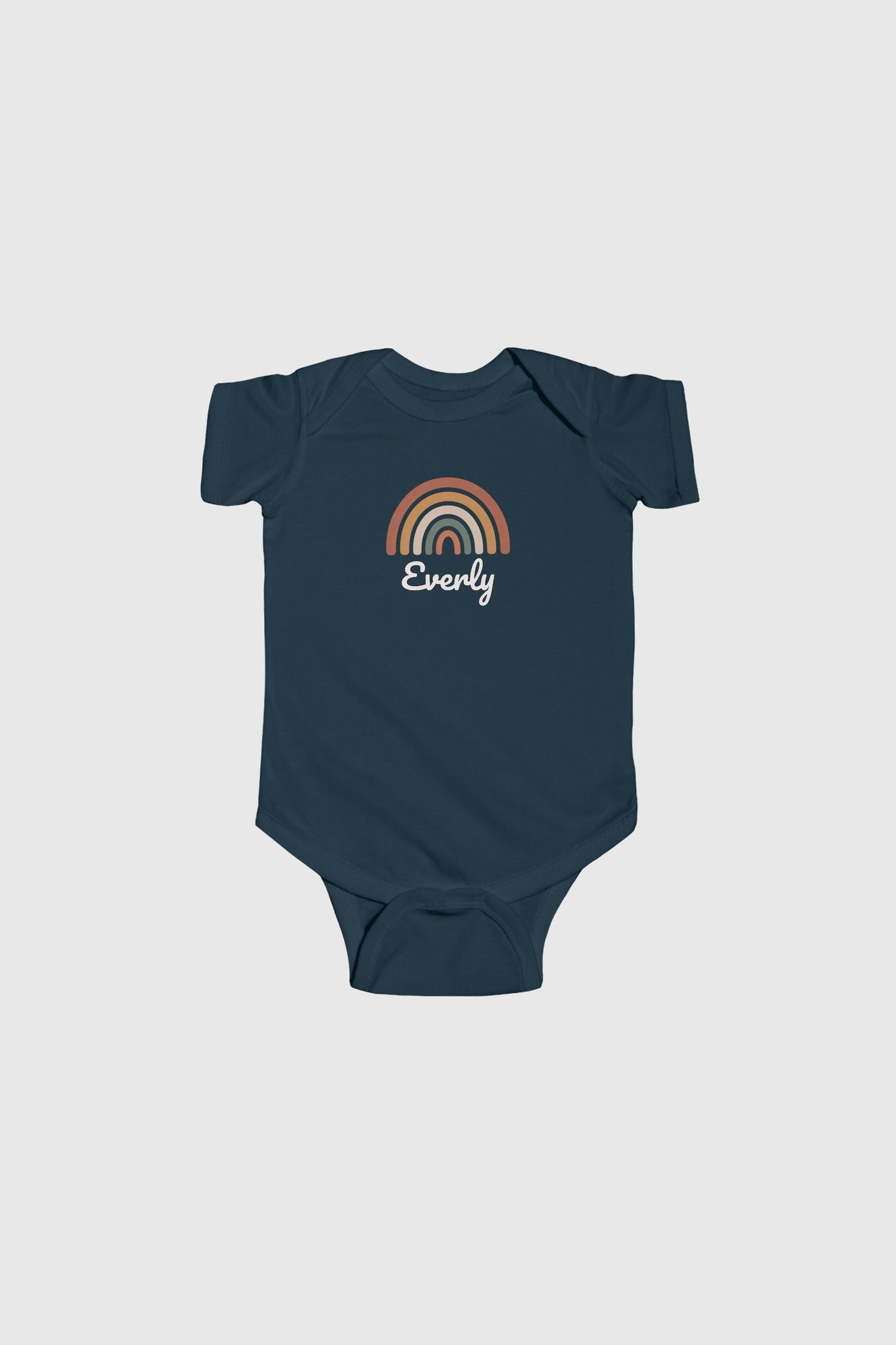 Light blue personalized rainbow baby bodysuit with custom name, snap closure
