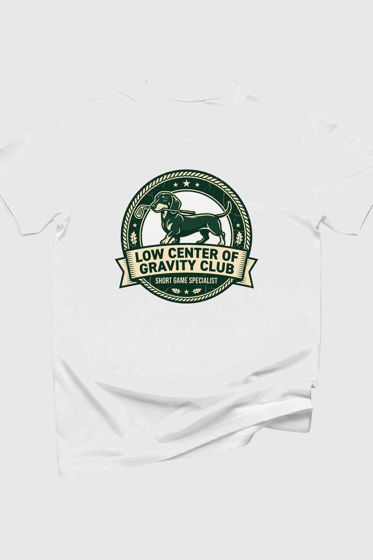 White t-shirt with green logo and text on a white background